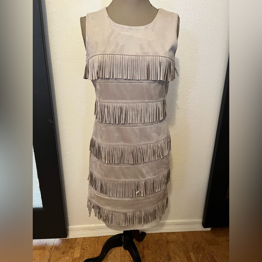 New Calvin Klein Fringe Faux Suede Sheath Dress khaki tan